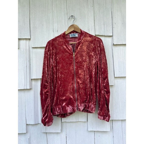 Libby Story Womens Velour Zip Front Jacket Red Long Sleeve‎ Ruched Back Size S - Picture 2 of 7